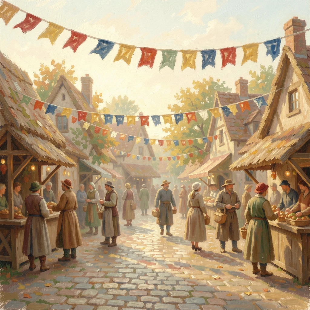 A traditional harvest festival in a medieval village, farmers celebrating beneath colorful banners, radiating serenity and gentle stillness.