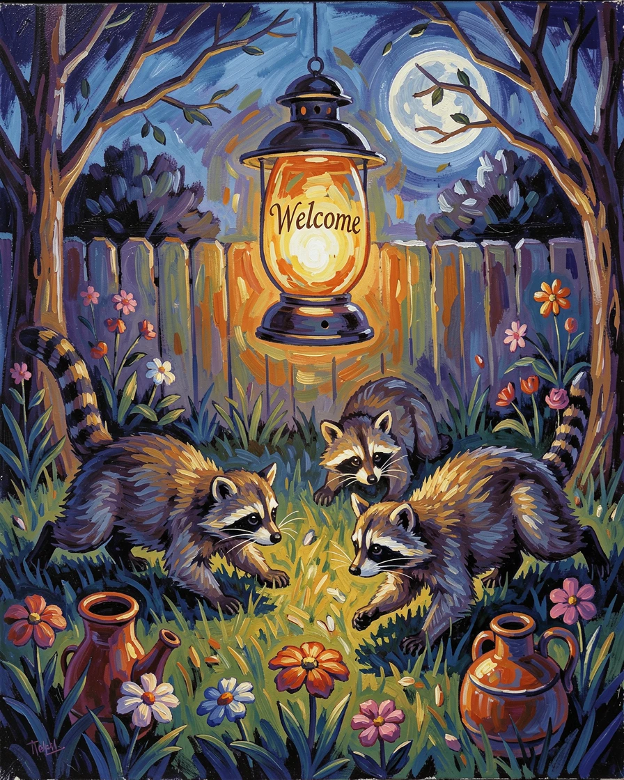 A family of raccoons exploring a moonlit backyard beneath a lantern's glow.