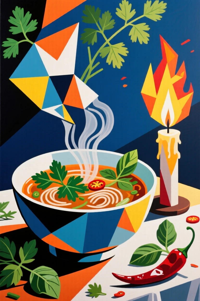A mouthwatering image of a bowl of steaming pho with fresh herbs plated elegantly for a candlelit dinner.