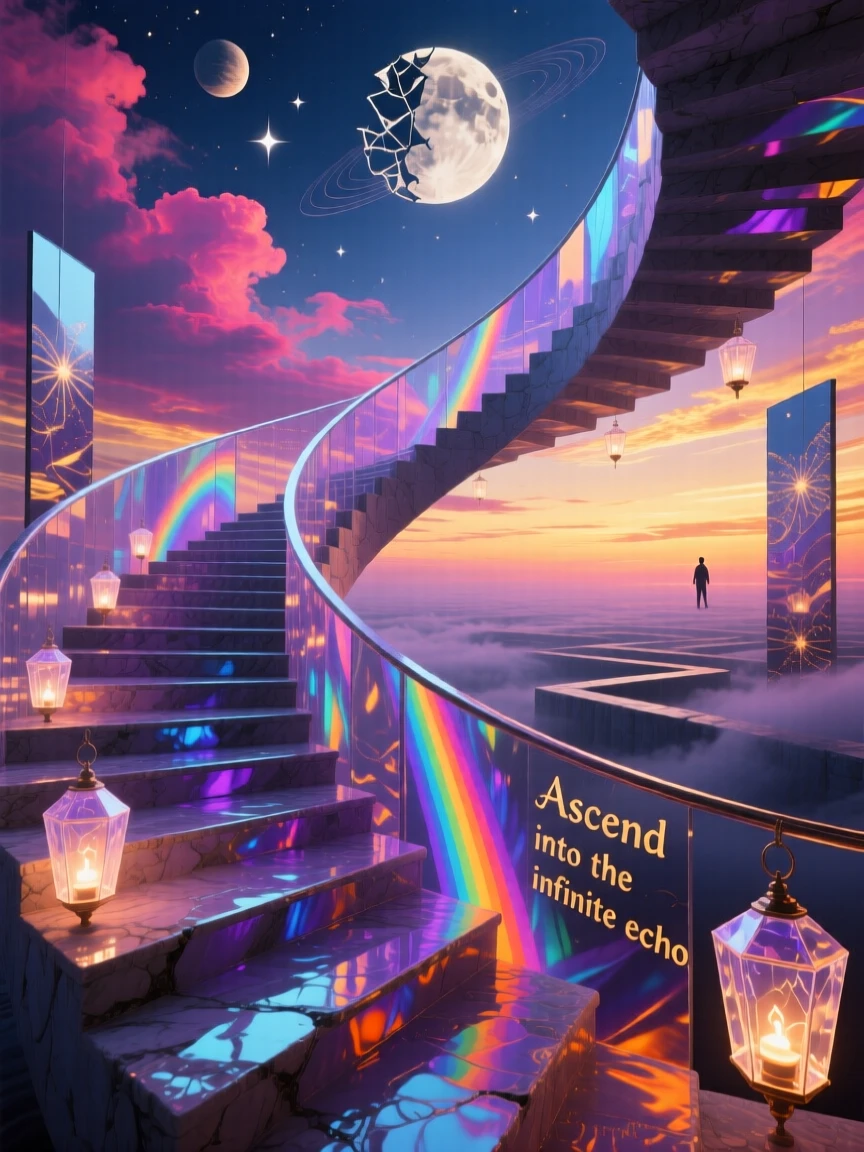 A spiral of stairs that loops seamlessly into itself like a ribbon seems to shift slightly each time it is glanced away from, as light bends unnaturally around every corner.