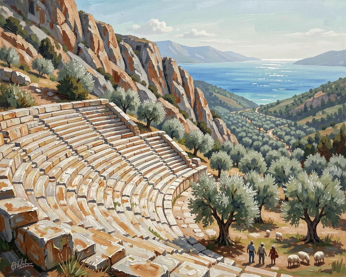 The ancient amphitheater of Delphi sits nestled into a mountainside overlooking a valley of olive groves stretching toward the distant sea, local life visible in the background, adding a quiet sense of authenticity to the scene.