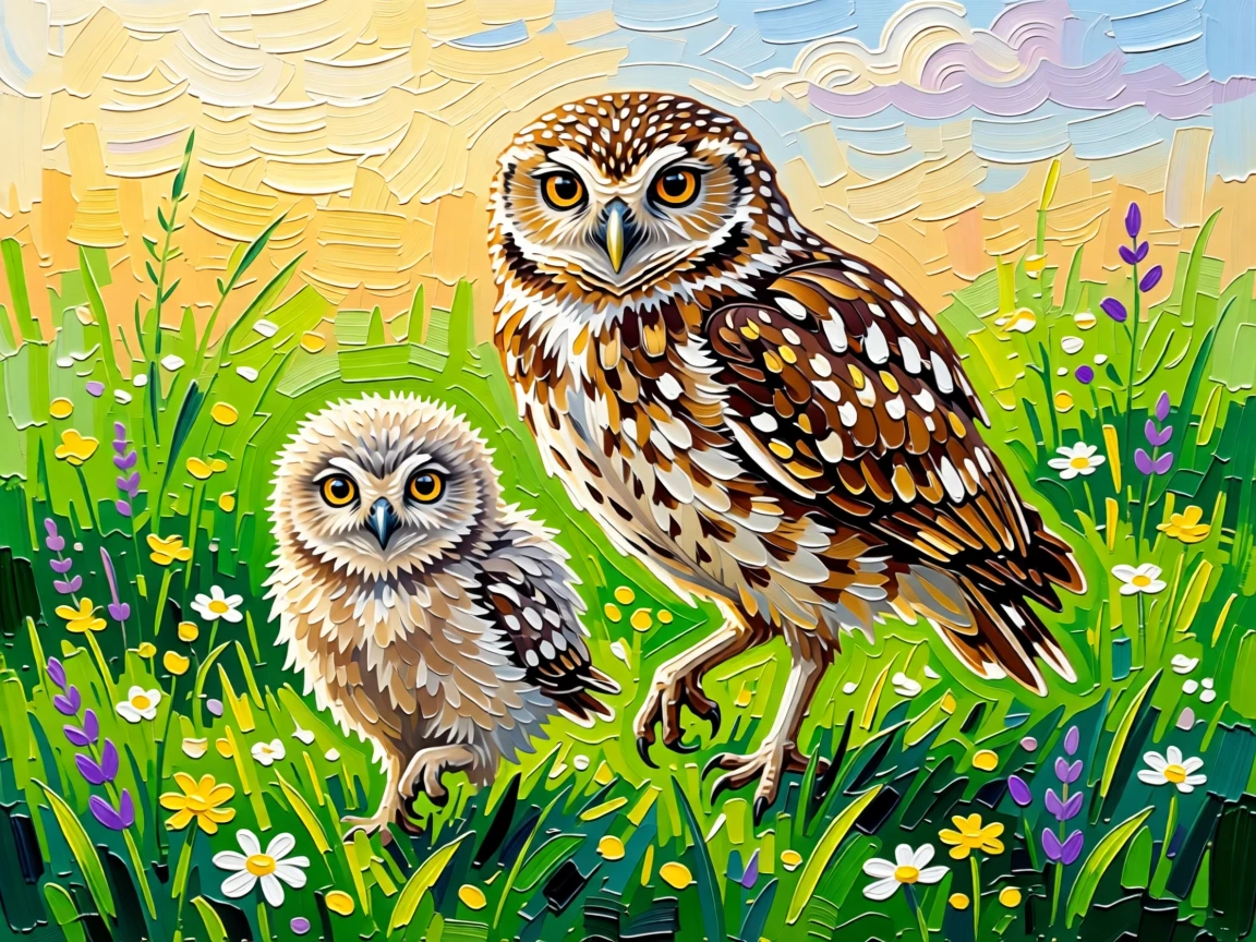 A heartwarming photo of a baby owl following closely behind its mother across a green field