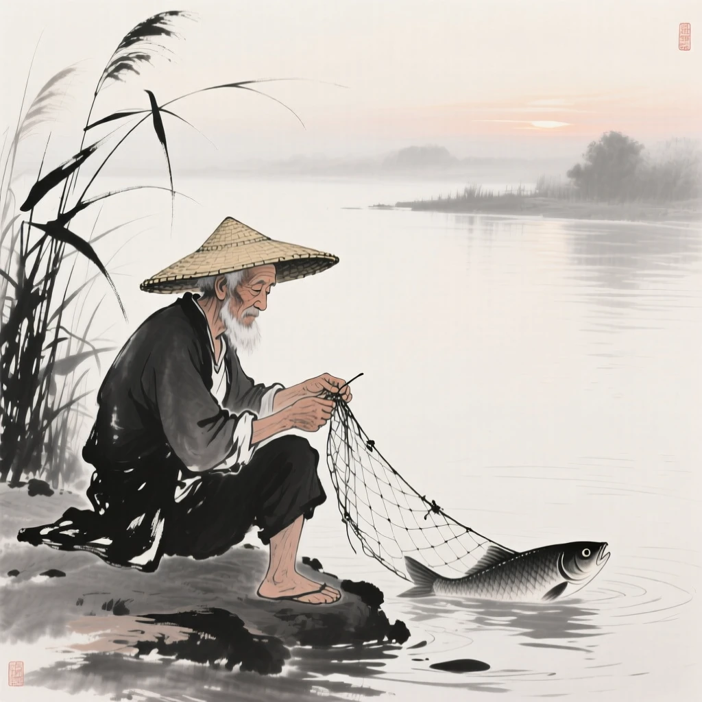 An old fisherman mends his nets on a quiet riverbank at dawn, as reeds sway gently along the water's edge.