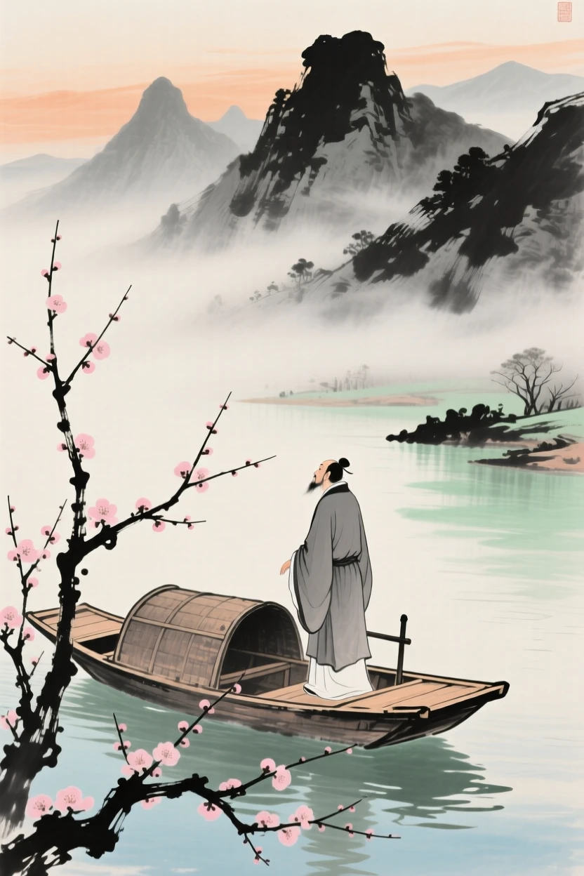 A poet standing at the prow of a small boat gazing at distant peaks, through swirling morning fog, brimming with peaceful contentment, as the last plum blossoms cling to bare branches.