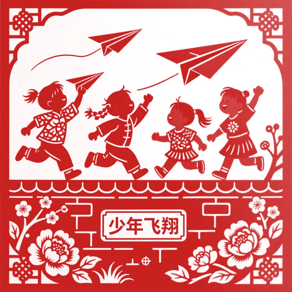 Children racing paper airplanes off a low garden wall, cheering as one soars farther than the rest