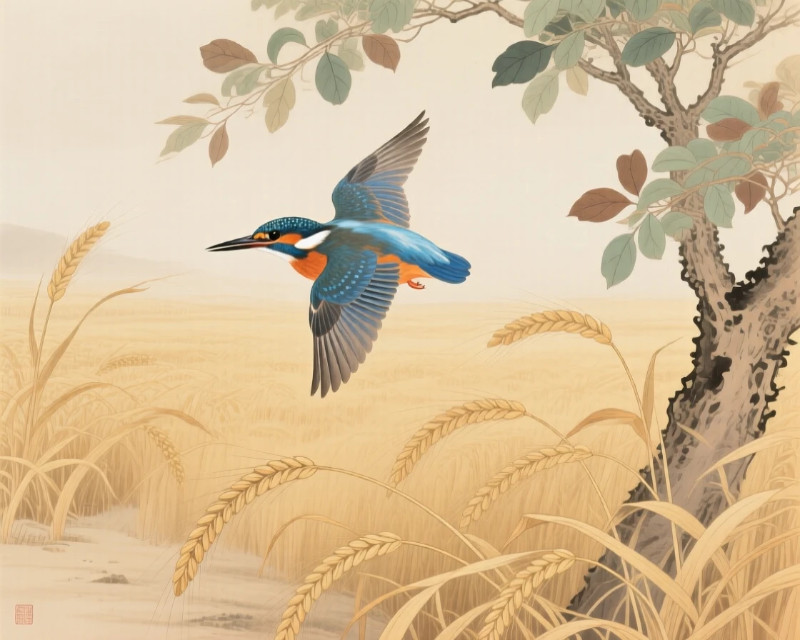 A kingfisher gliding low over a field of golden wheat, soft morning light filtering through the branches