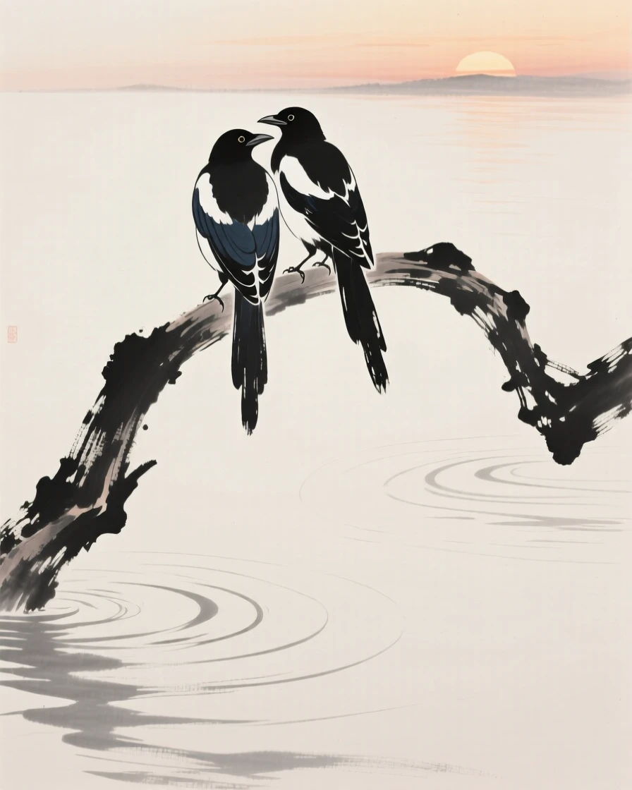 A pair of magpies perched together on a curved branch over rippling water at dusk, seen up close with delicate feather detail, suggesting renewal and the gentle passage of seasons.