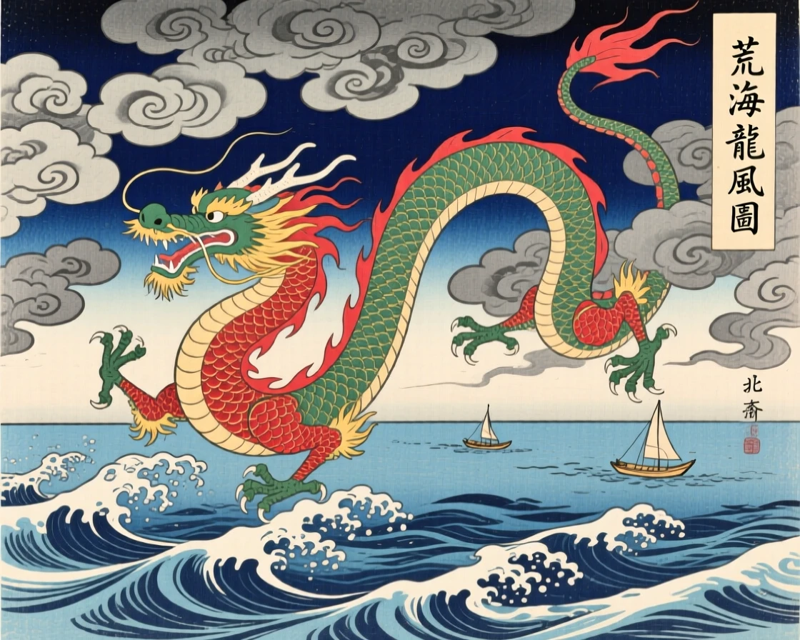 A majestic dragon coiling through swirling storm clouds above the sea.