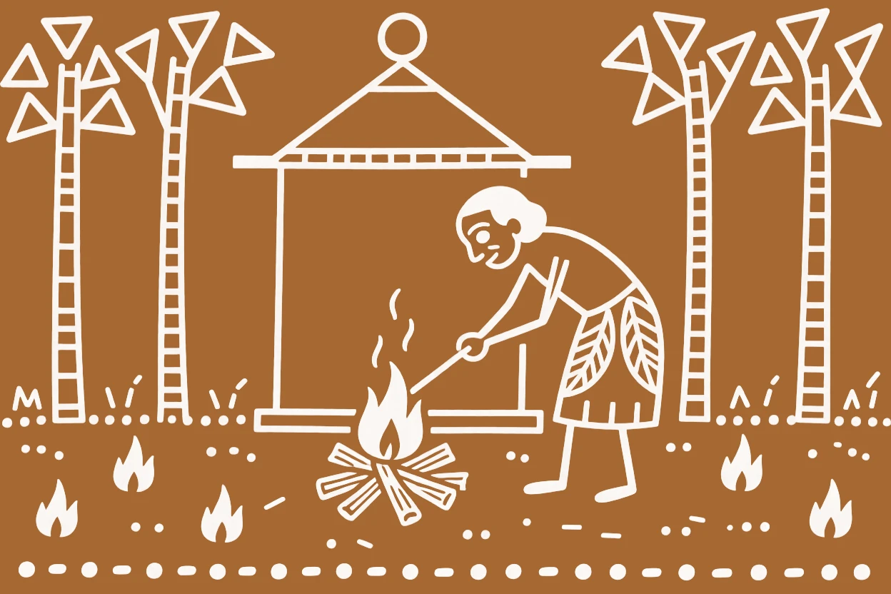 An elder lighting a sacred fire at a small forest shrine.