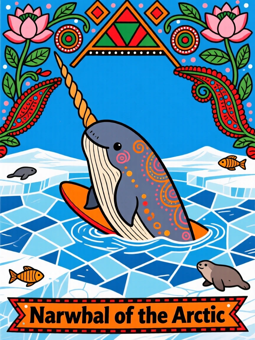 A narwhal surfacing briefly in icy arctic waters.