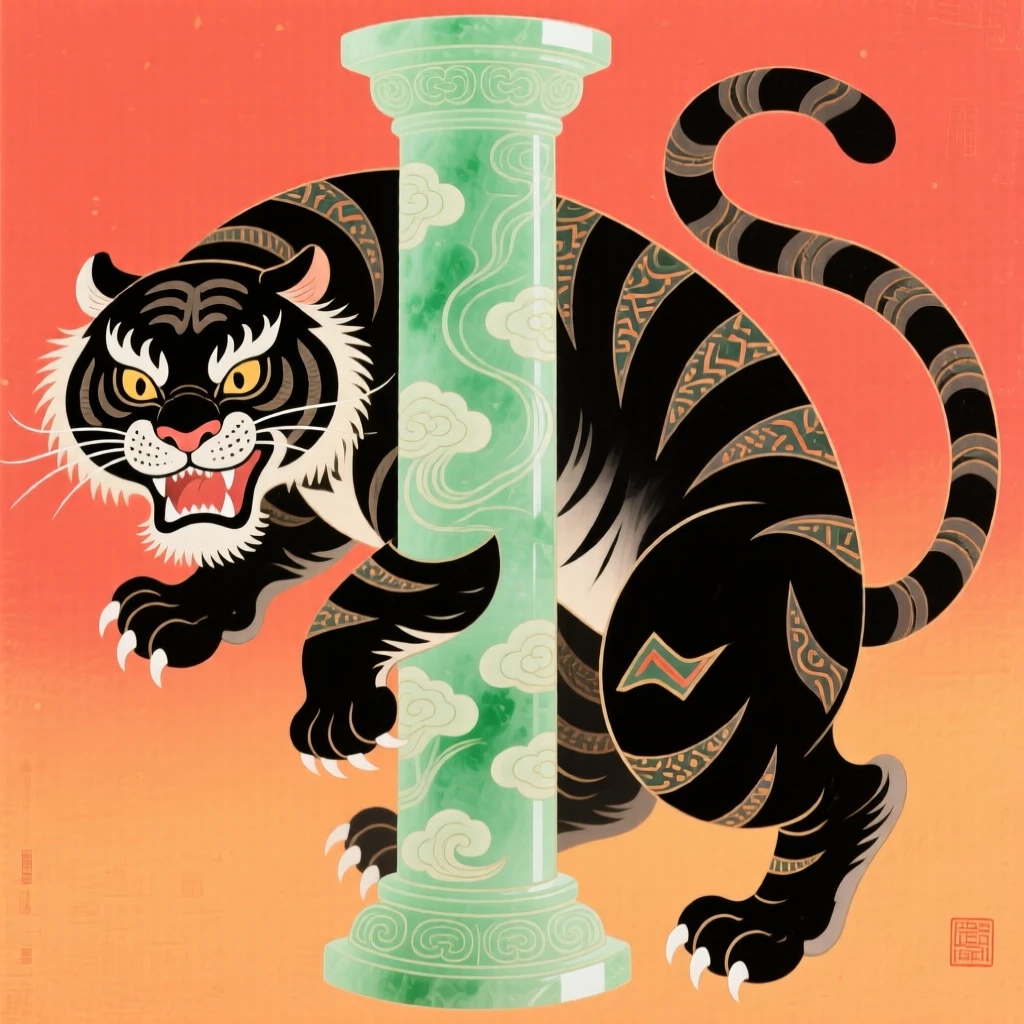 A powerful depiction of a fierce black tiger coiling around a jade pillar.