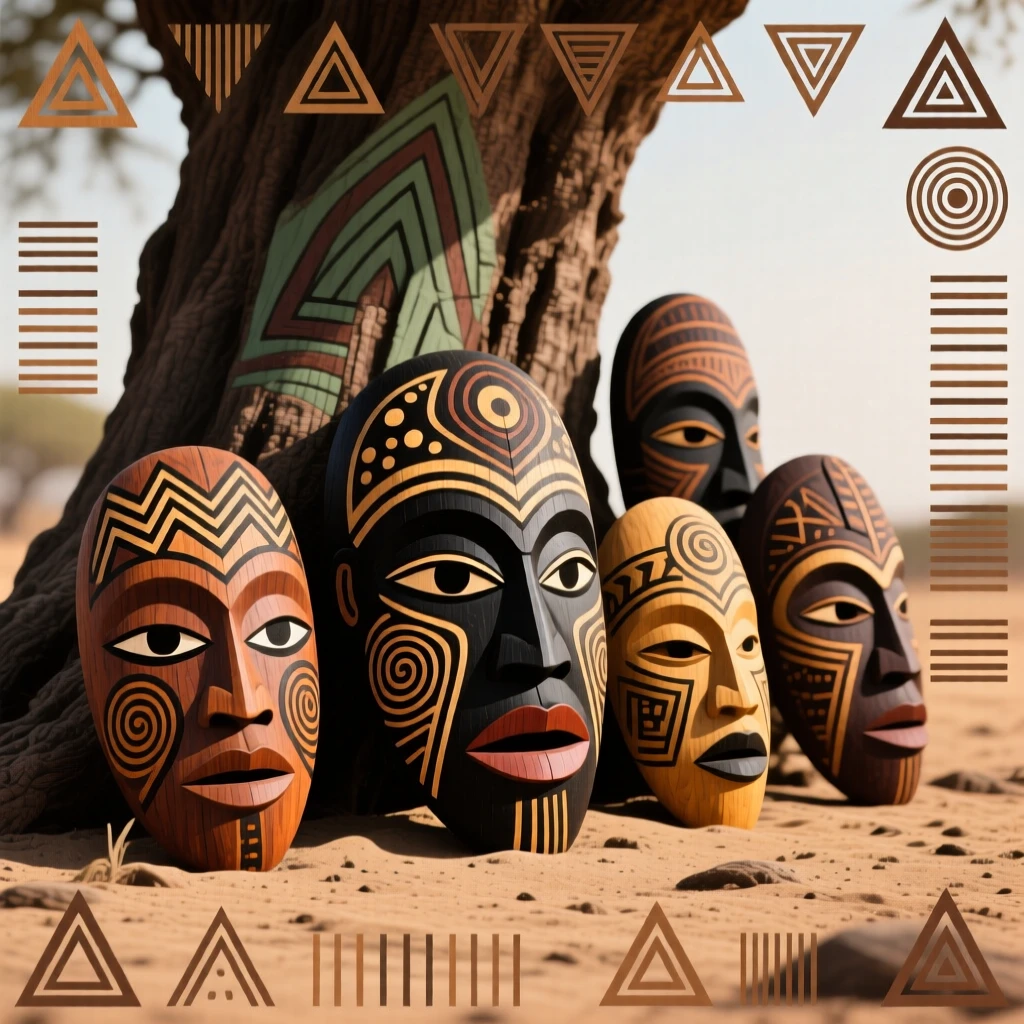 A collection of carved wooden masks cooling in the shade of a tree.