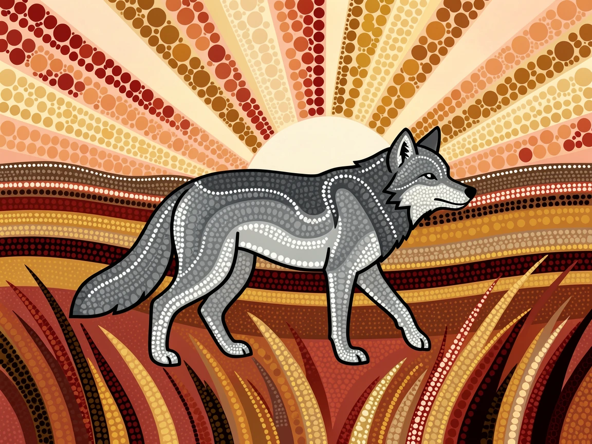 A gray wolf crossing an open grassland at dawn