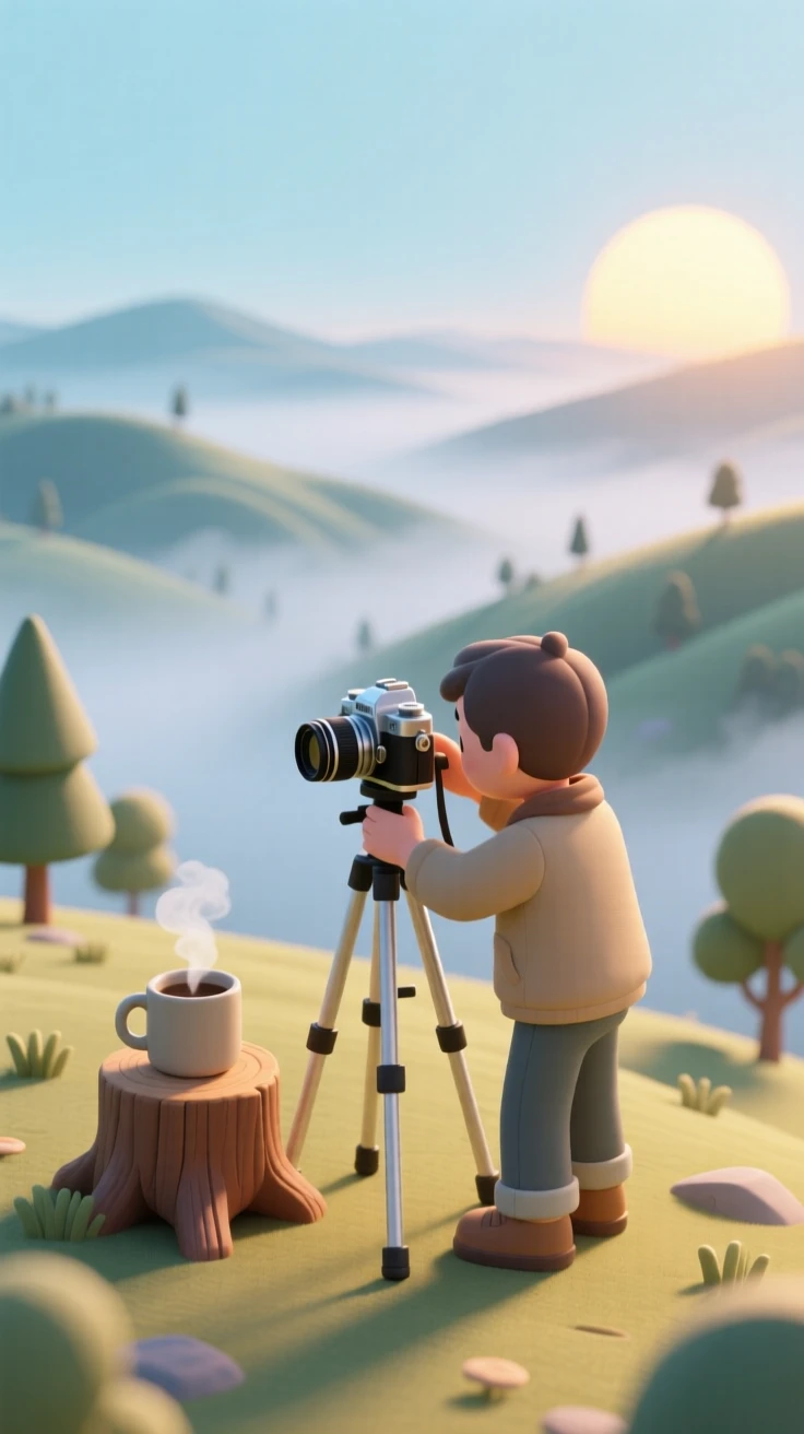 A photography enthusiast setting up a tripod at sunrise, camera aimed at a misty valley, coffee steaming in a nearby mug.