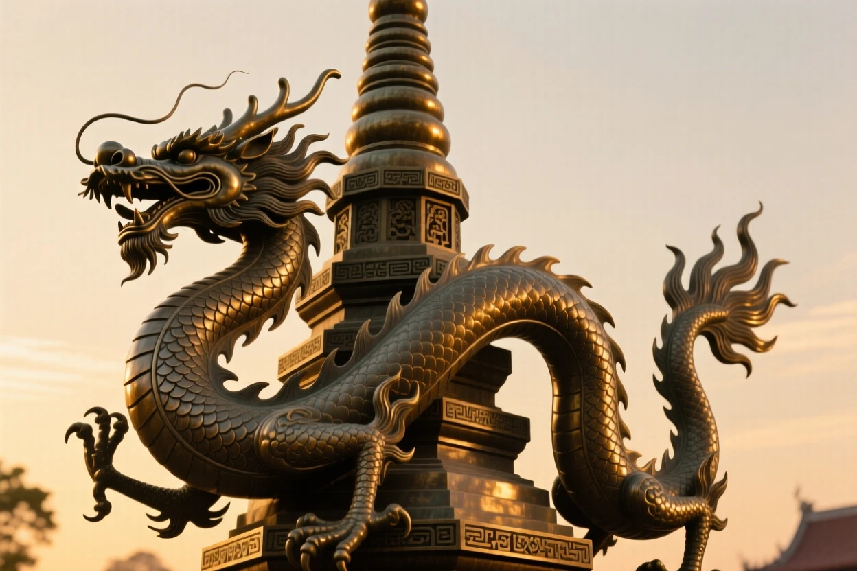 A guardian dragon curling around a temple spire at dawn, with an aura of ancient power, radiating awe and grandeur