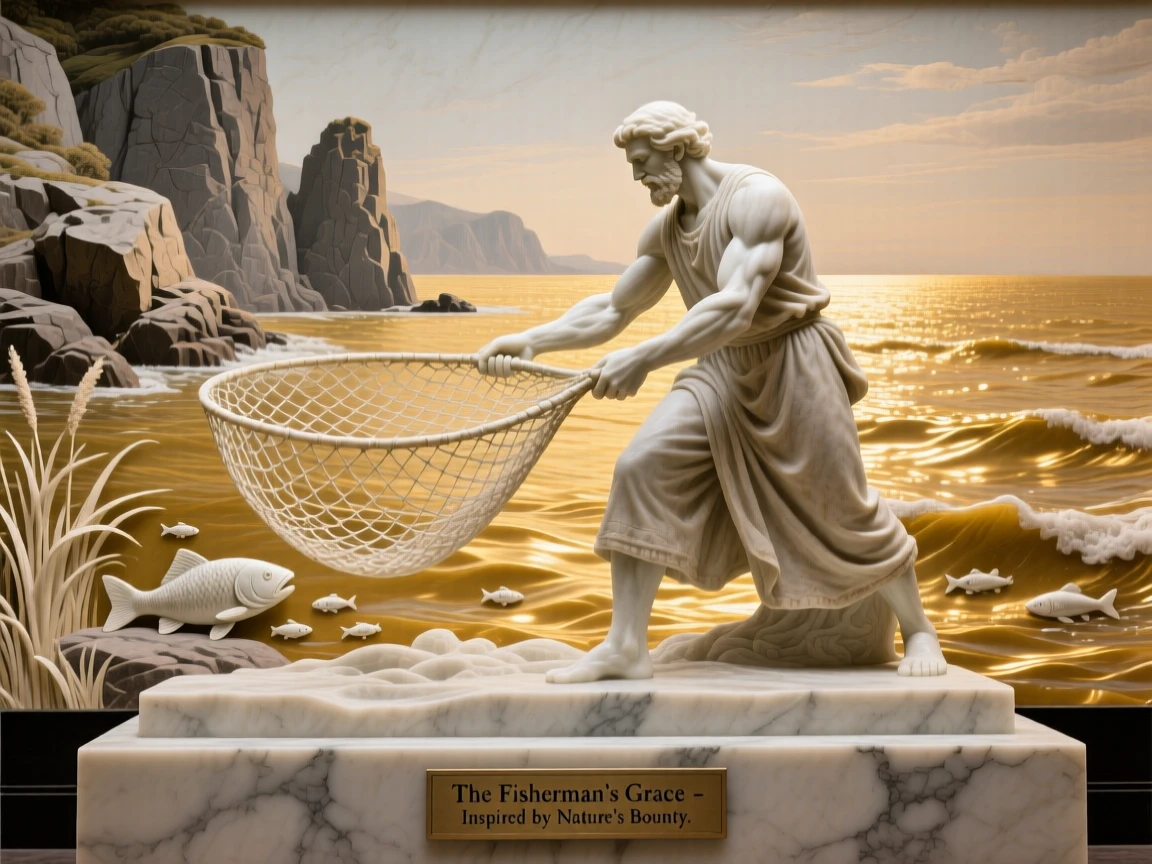 A vivid, emotionally rich scene of a fisherman casting his net into golden waters, framed by dramatic natural scenery, designed to captivate and inspire