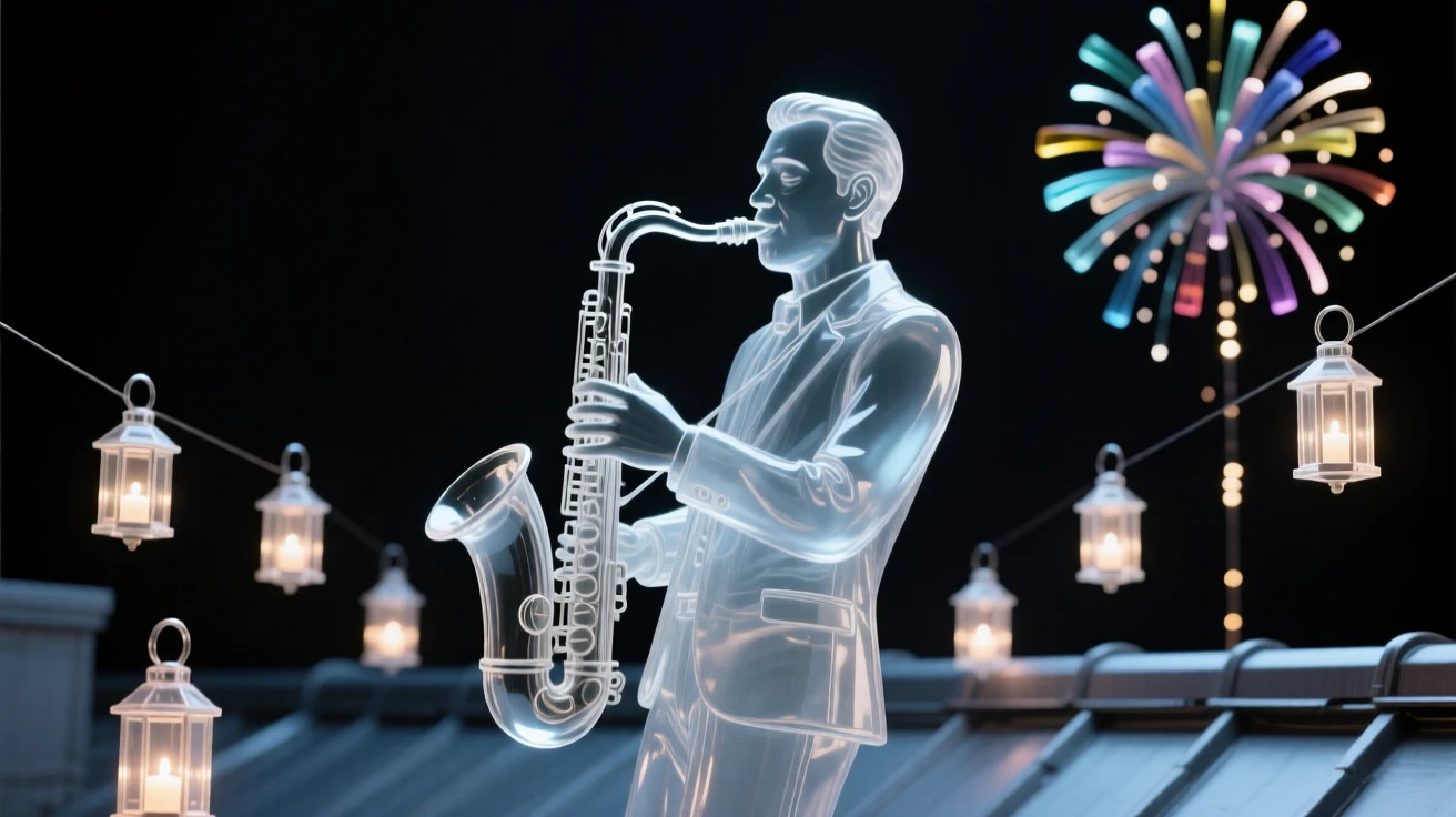 Beneath a sky filled with softly glowing lanterns, a jazz musician playing saxophone on a rooftop at night, while distant fireworks light up the night sky
