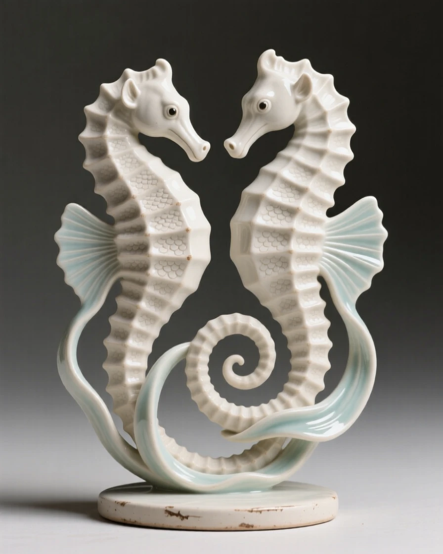 A delicate seahorse pair intertwined by their tails gliding in a slow, elegant spiral, its fins trailing like delicate ribbons, radiating playful, gentle joy.