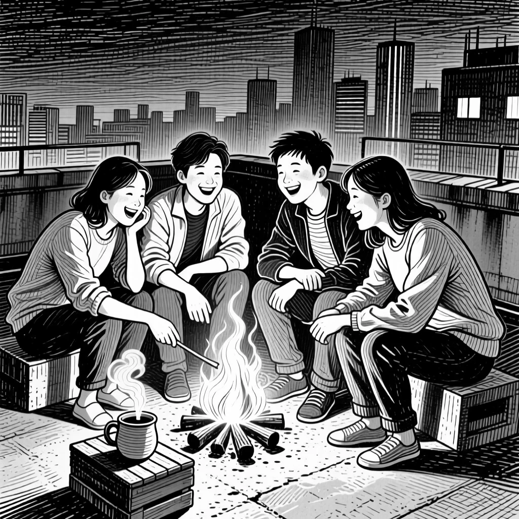 A group of friends laughing around a campfire on a rooftop overlooking the city skyline, with a cup of tea resting close by, creating a tender and sincere lifestyle scene.