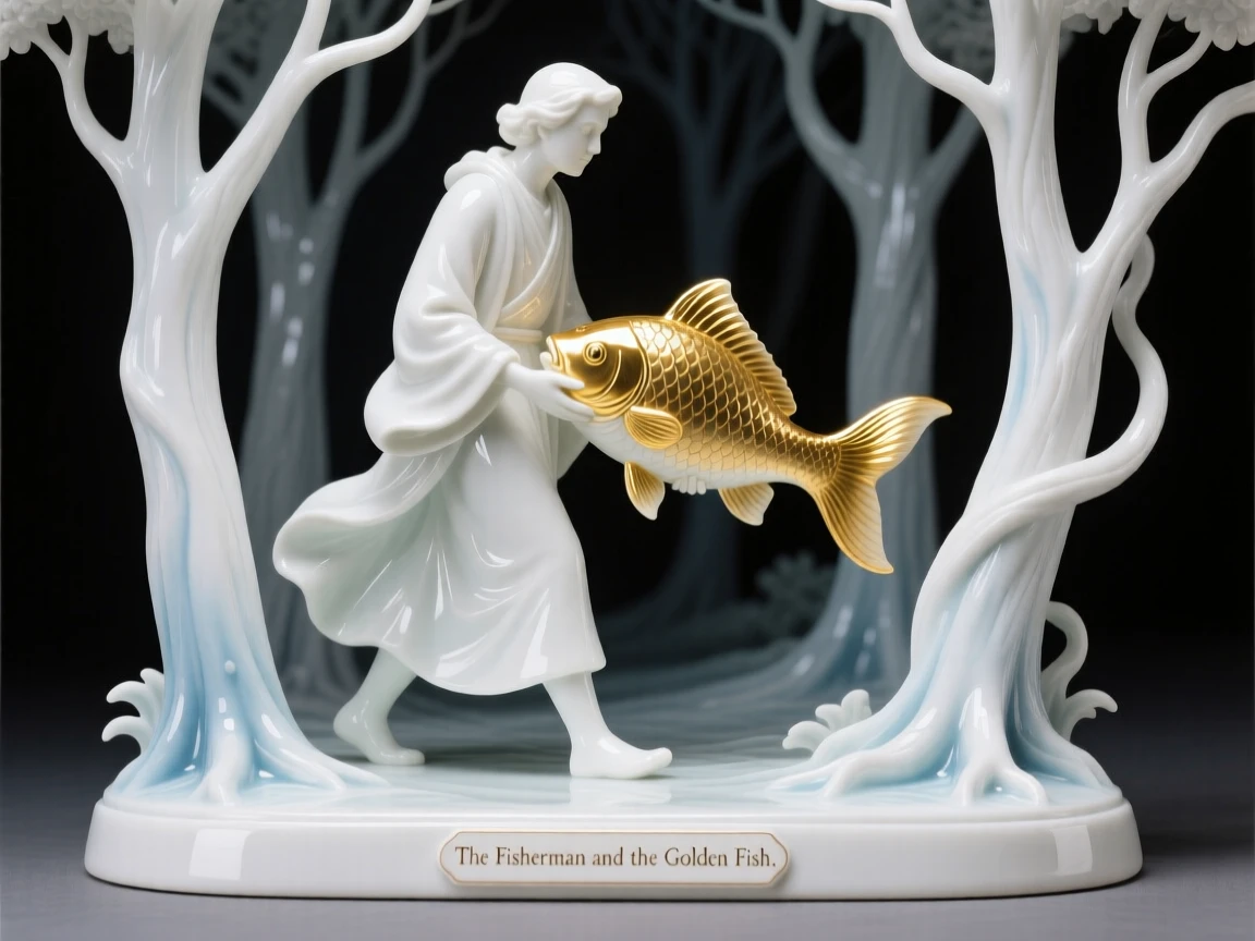 A storybook depiction of a fisherman who caught a golden fish walking through a shadowy enchanted wood, evoking the magic of a bedtime tale.