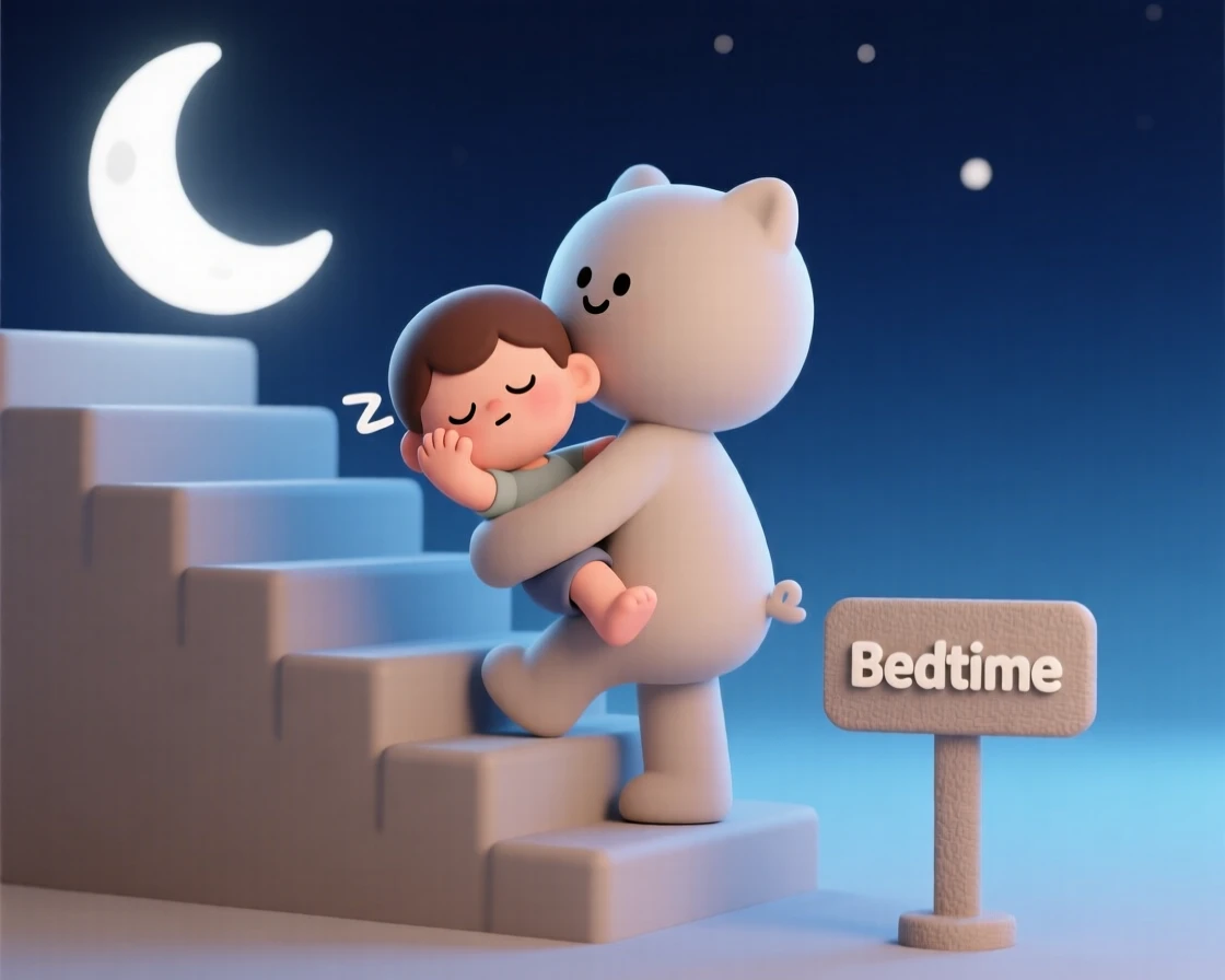 A sleepy child rubs their eyes while being carried piggyback up a moonlit staircase to bed.