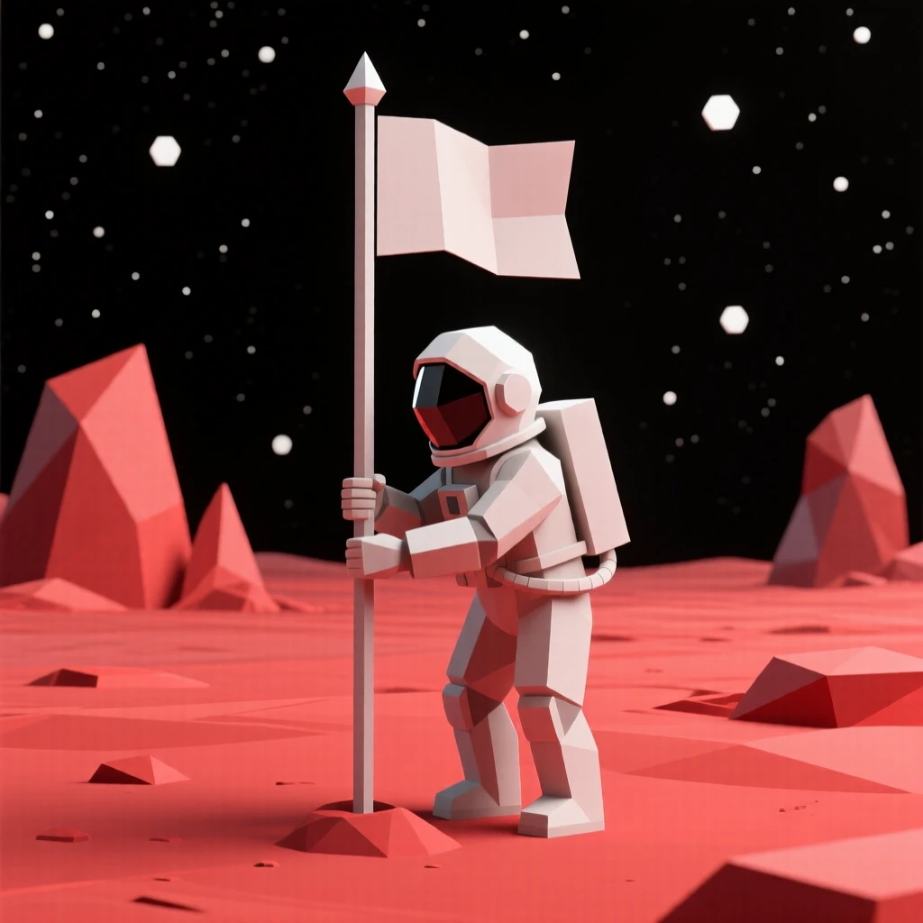 An astronaut planting a flag on an alien red landscape, amid a vast, silent expanse of space. the composition uses a wide, immersive perspective. The scene radiates a calm, meditative stillness.