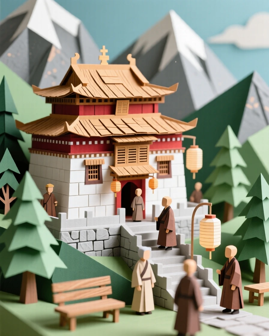 A grand mountain monastery bustling with life at midday, with lanterns swaying gently in the breeze, capturing the romance of travel.