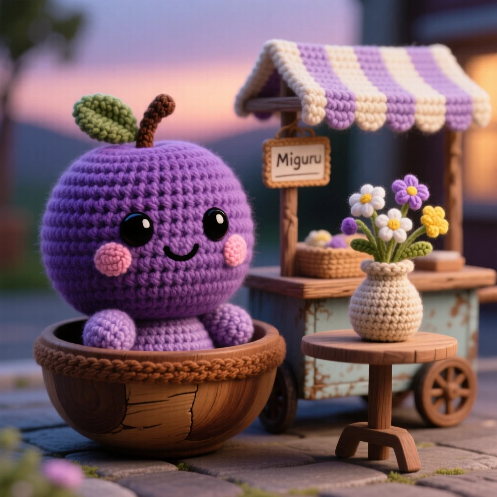 a round plum character, with a deep purple glossy skin, resting in a rustic wooden bowl, displayed in a small street food cart at dusk, with a small vase of wildflowers on the table, radiating bright, appetizing cheerfulness.