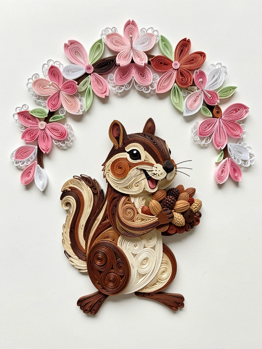 a chipmunk with cheeks bulging full of nuts, beneath a canopy of cherry blossom petals, captured mid-motion with a joyful, candid feel, with delicate lace-like texture along the edges.