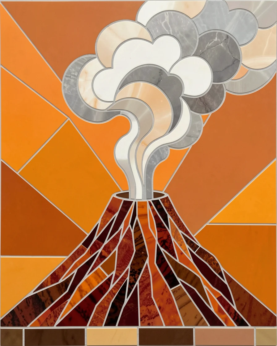 An active volcano releasing a soft plume of smoke against a orange sky.