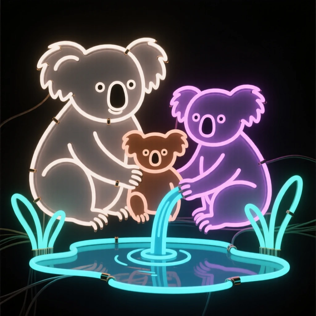 A family group of koalas gathered near a watering hole.