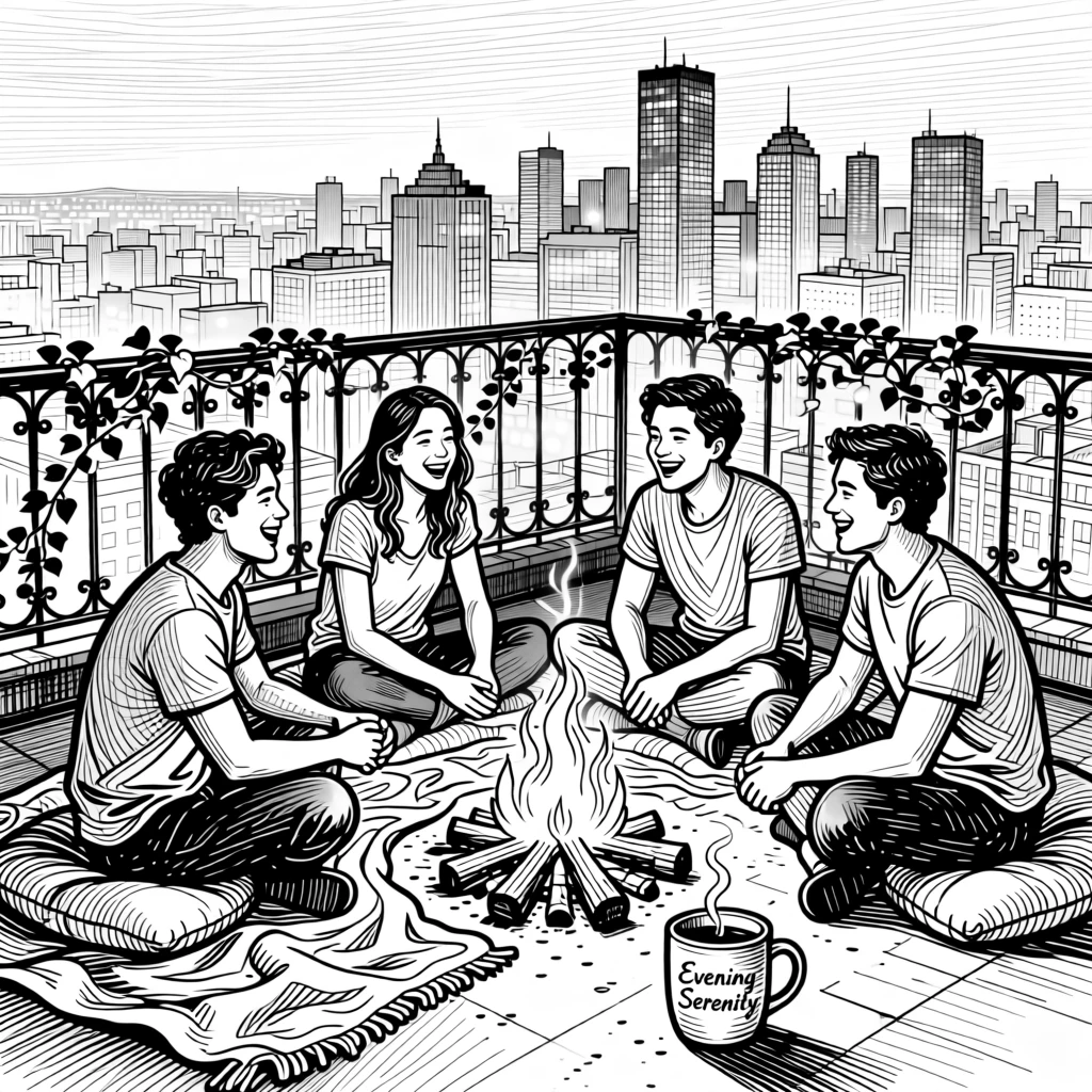 A group of friends laughing around a campfire on a rooftop overlooking the city skyline, with a cup of tea resting close by, creating a tender and sincere lifestyle scene.