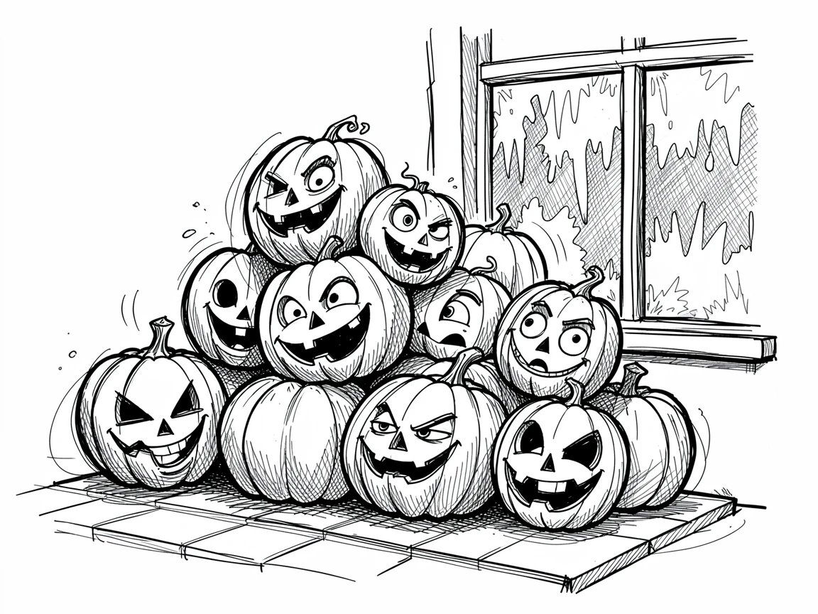 A pile of jack-o'-lanterns on a porch beside a frosty windowpane.