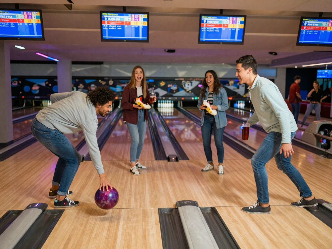 A group of friends bowling on a Friday night