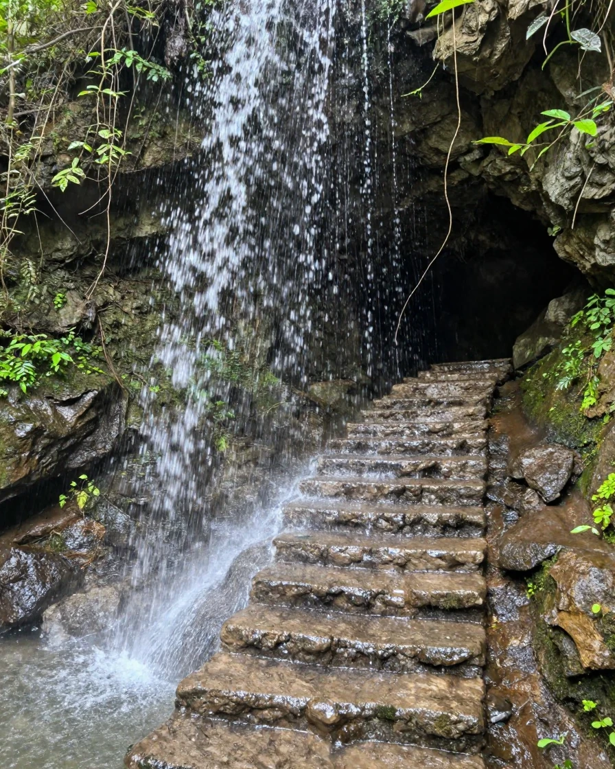 A hidden waterfall staircase winds behind a curtain of falling water into a cave.