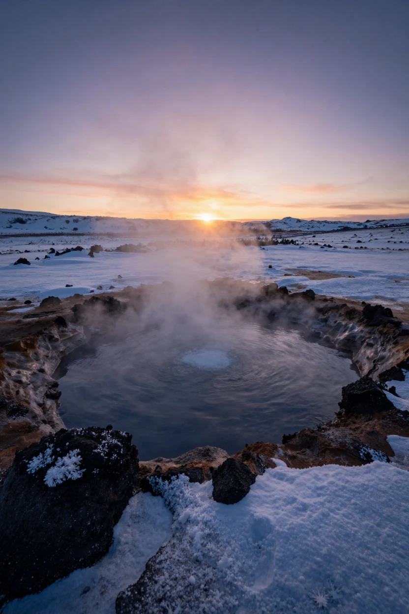A steaming volcanic hot spring surrounded by snow, stretching endlessly at the break of dawn
