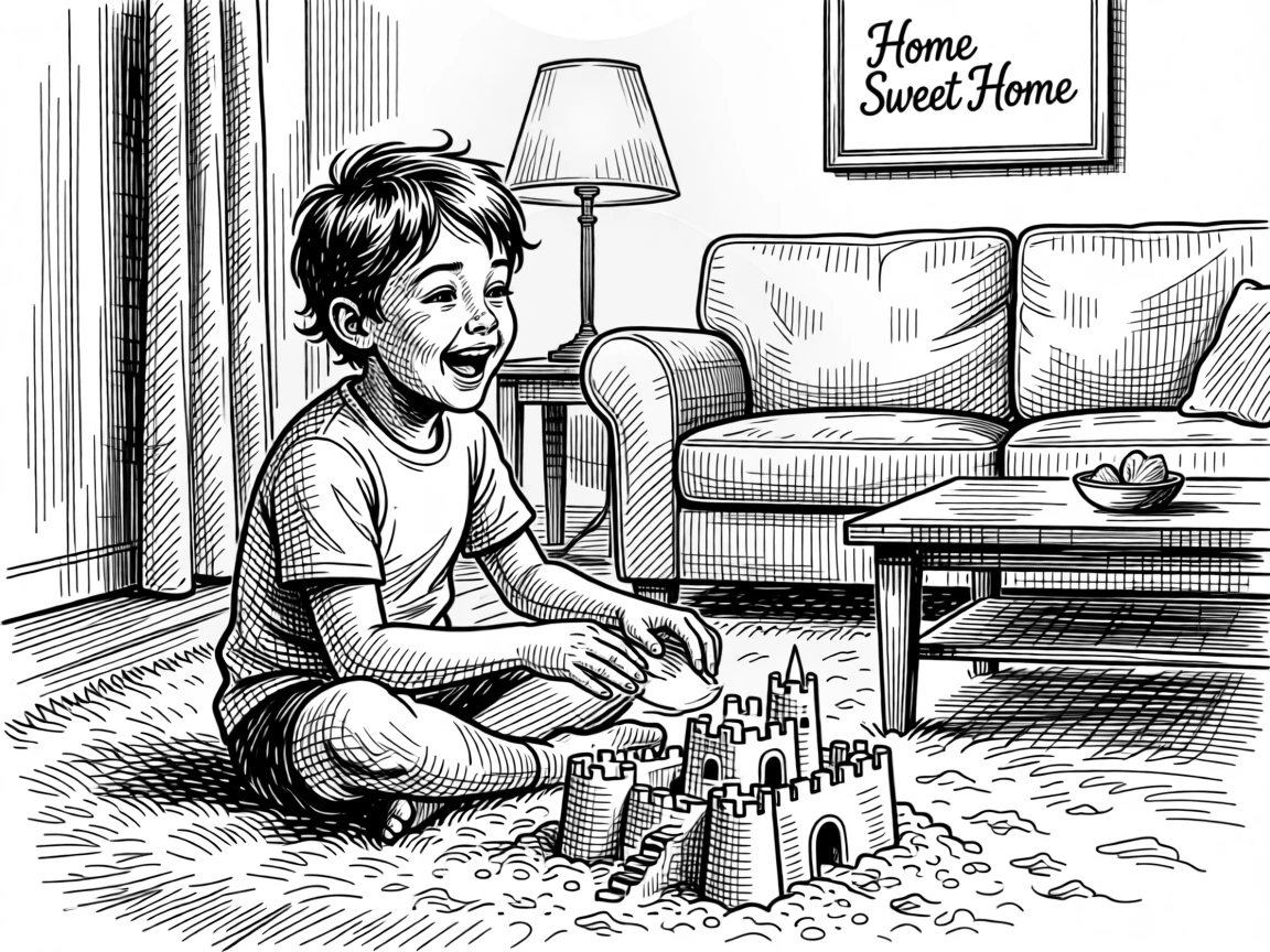 A child building a sandcastle within a warmly lit living room, with genuine laughter caught mid-moment, creating a tender and sincere lifestyle scene.