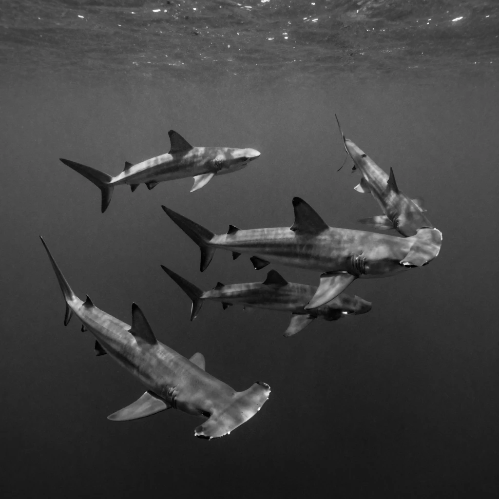 A school of hammerhead sharks circles slowly in open water in the open ocean.