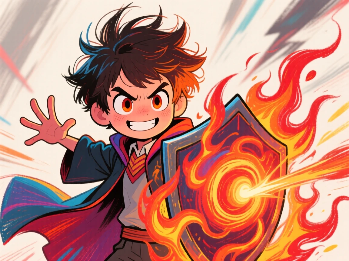 A young mage summoning a shield of swirling flame to block an incoming attack.