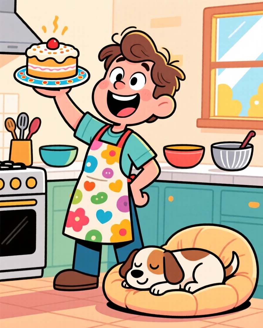 An everyday-life snapshot of an enthusiastic home cook, proudly showing off a finished project, with a contented pet dozing close by.