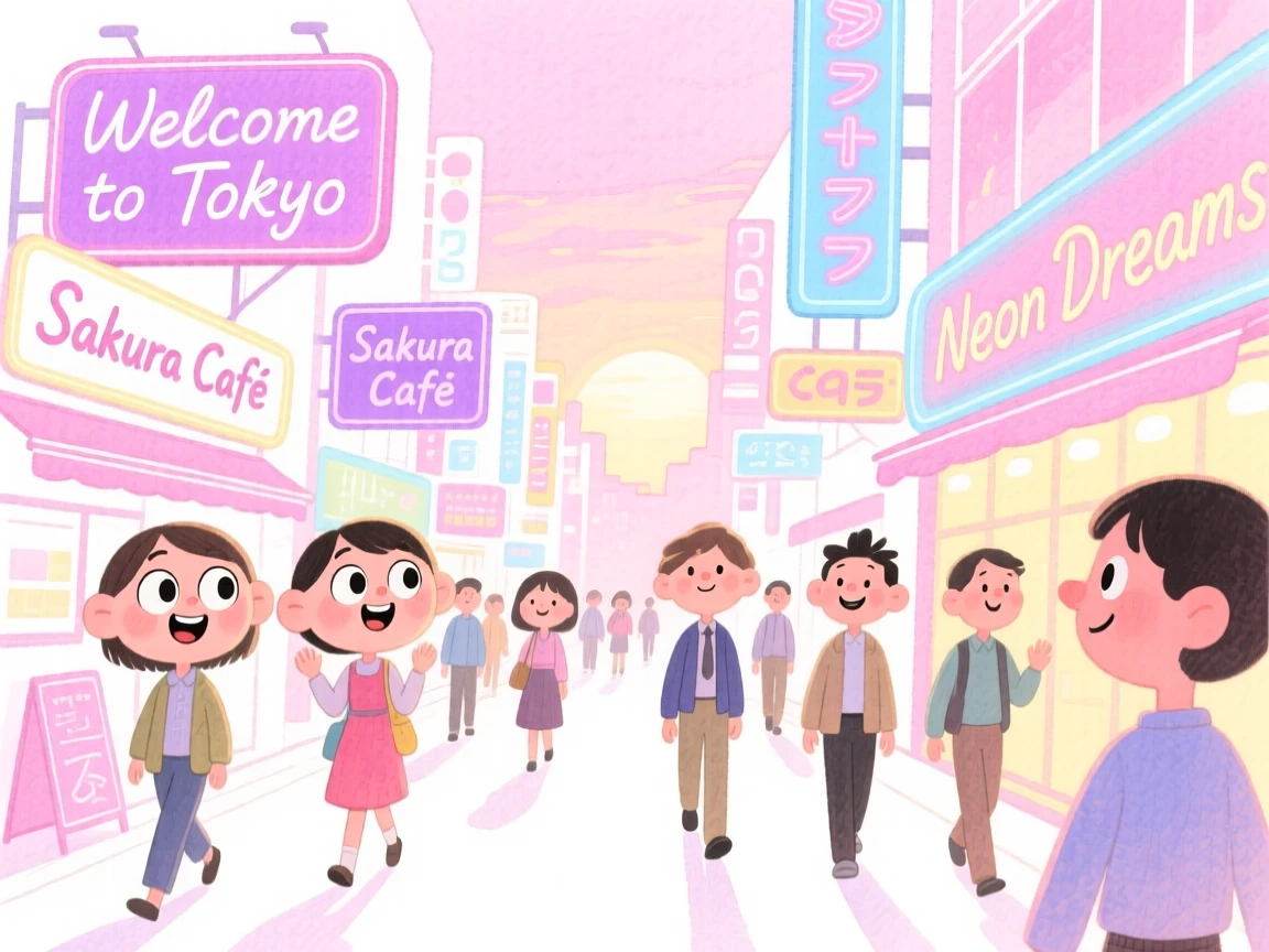 A dreamy travel postcard scene of a bustling Tokyo street glowing with neon signs at soft pink dawn
