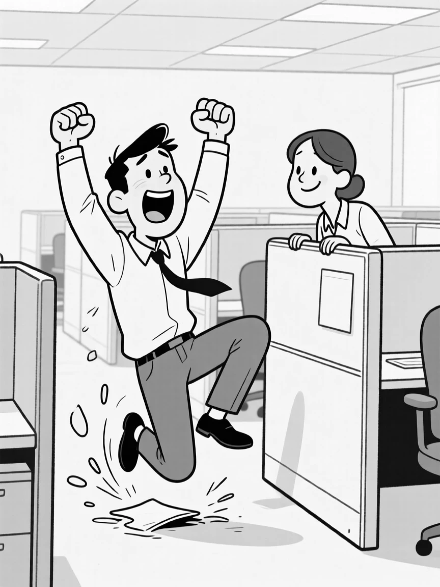 A person trying to act natural after tripping in public, pumping both fists in wild, oversized celebration, set in a cubicle-filled open office. A coworker peeks over a cubicle wall, smirking. It's the kind of relatable blunder everyone secretly recognizes.
