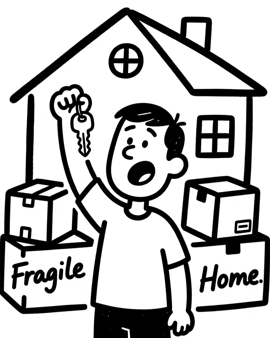 A new homeowner holding up keys in front of their first house, moving boxes stacked behind.