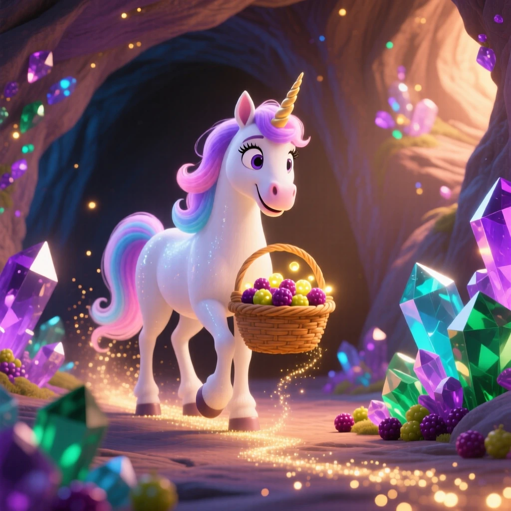 A unicorn with a flowing mane stands inside a crystal cave lit by glowing gems, gathering glowing berries into a basket. A gentle sense of wonder radiates through the air, with a trail of glimmering dust following each step.
