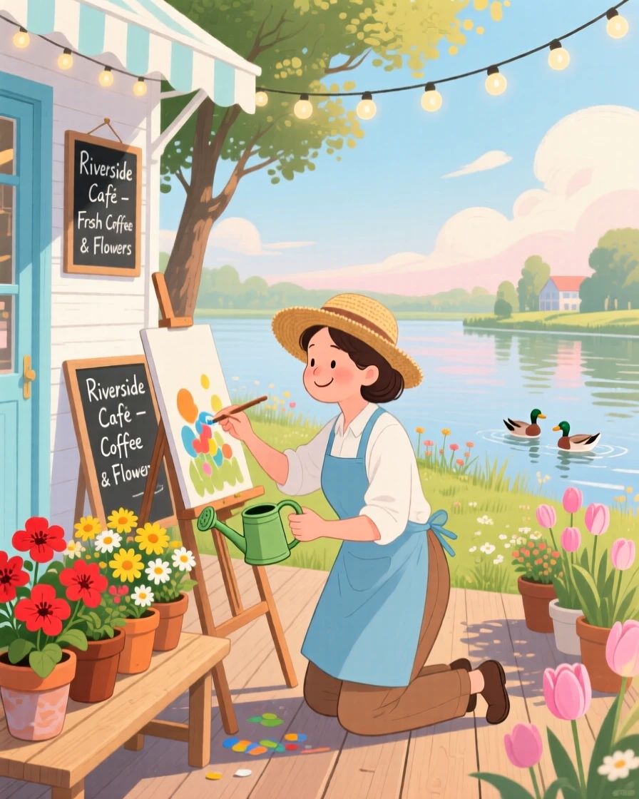 A painter working at an easel spends the morning watering a row of potted flowers in a riverside café, while string lights twinkle overhead.