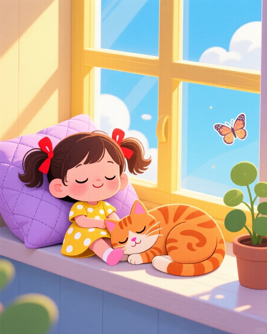 A girl and her cat sharing a sunny nap on a windowsill cushion.