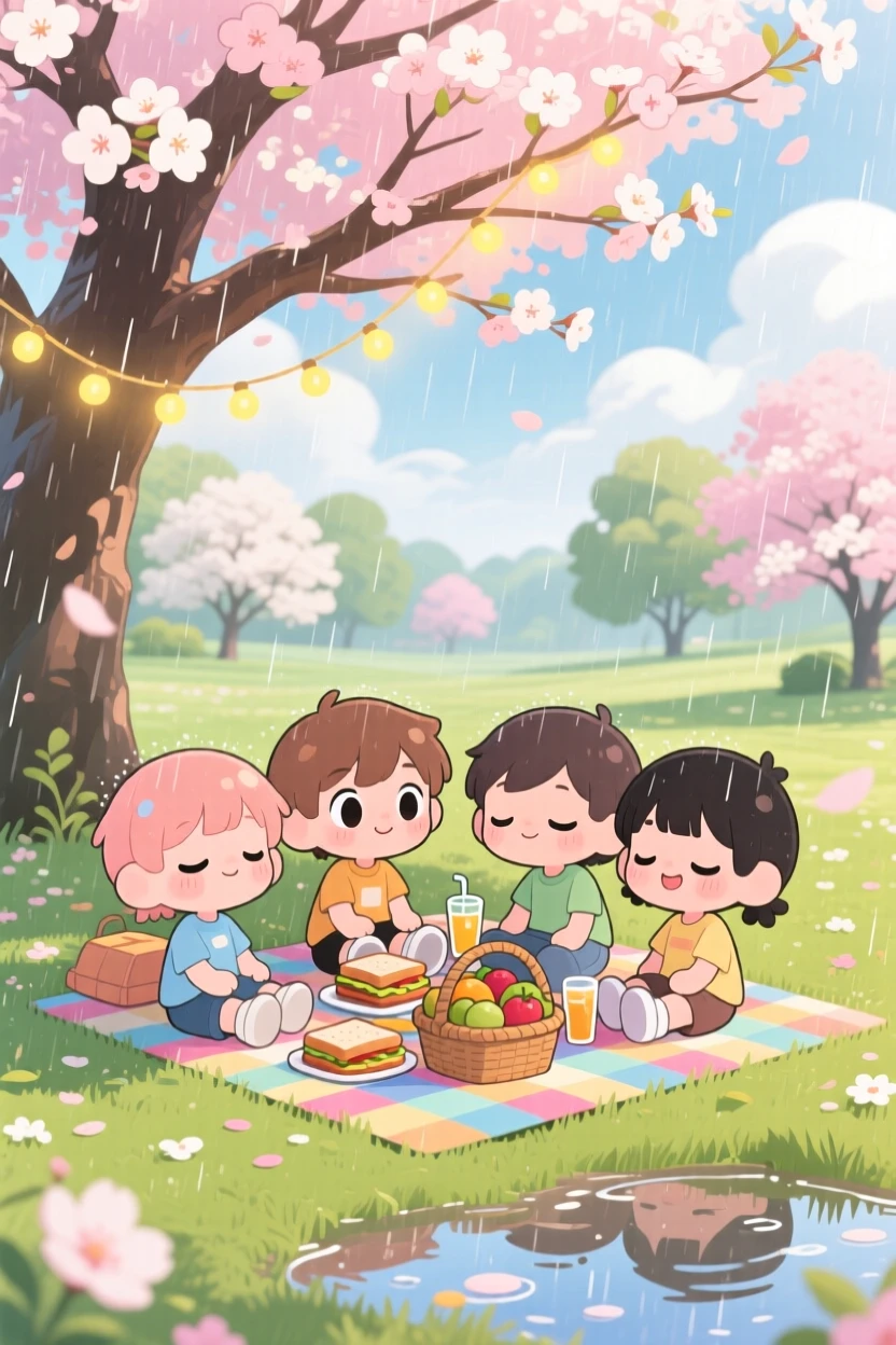 A group of friends having a picnic under a blossoming tree, framed as a wide establishing shot within a sunny park, during a gentle spring rain shower, glowing under warm fairy-light glow, evoking sleepy relaxation.
