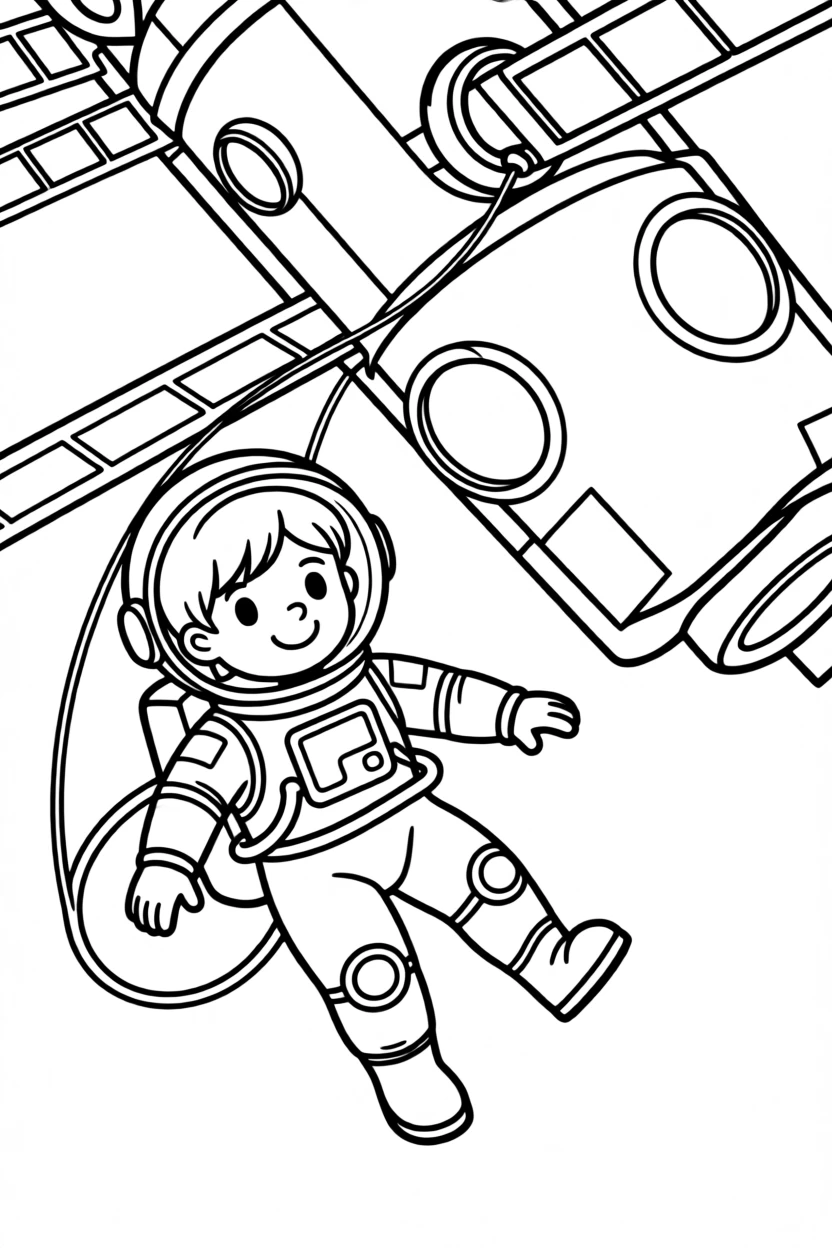 An astronaut floating with a tether outside a space station