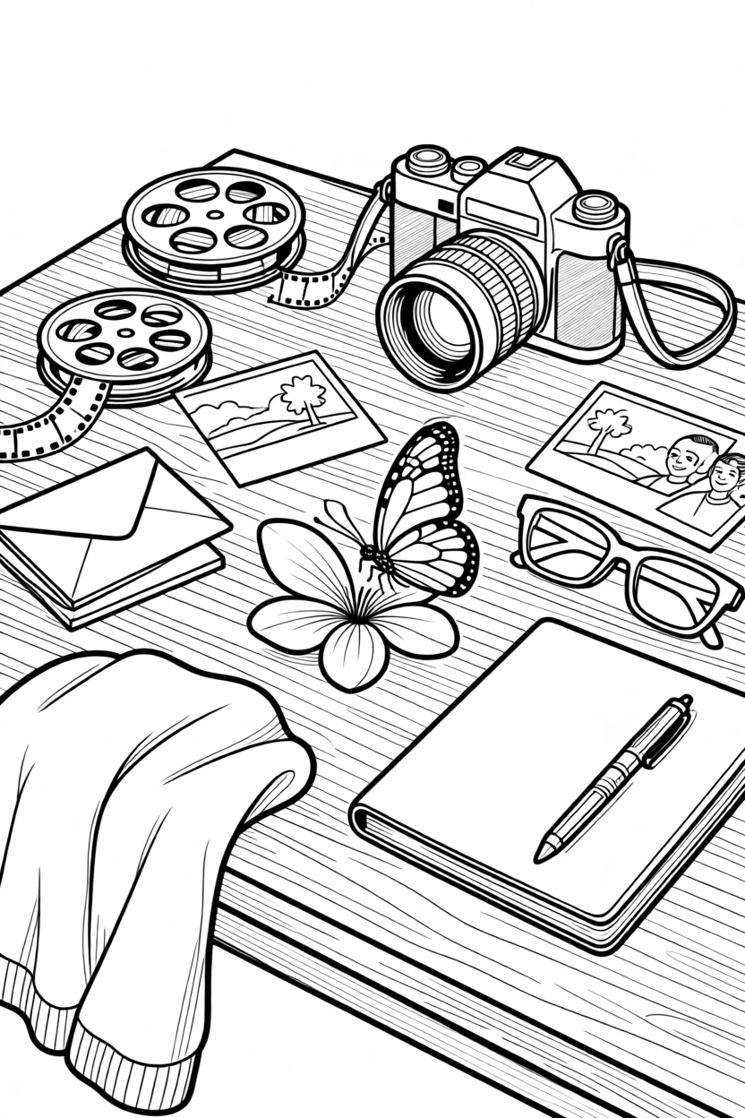 A cluttered desk with a camera, film rolls, and printed photos, with a butterfly resting on one of the petals.