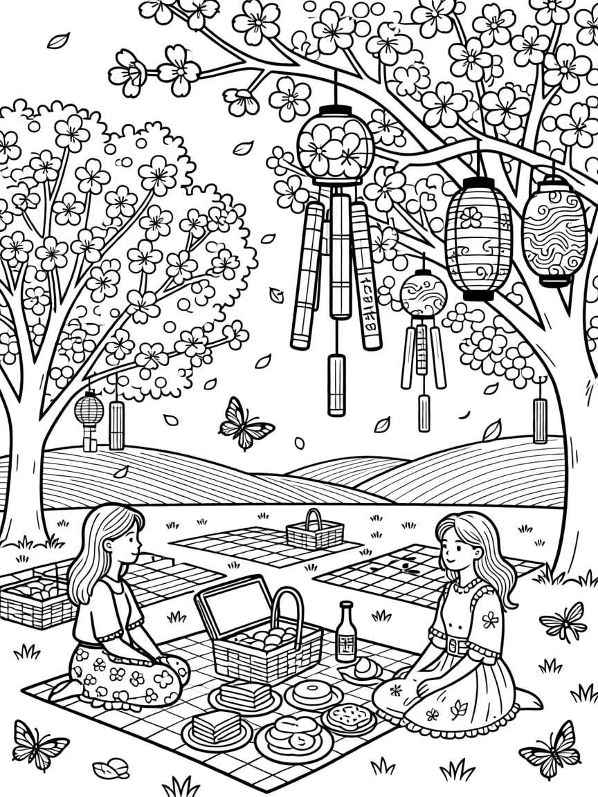 A springtime cherry blossom festival with picnic blankets beneath the trees.